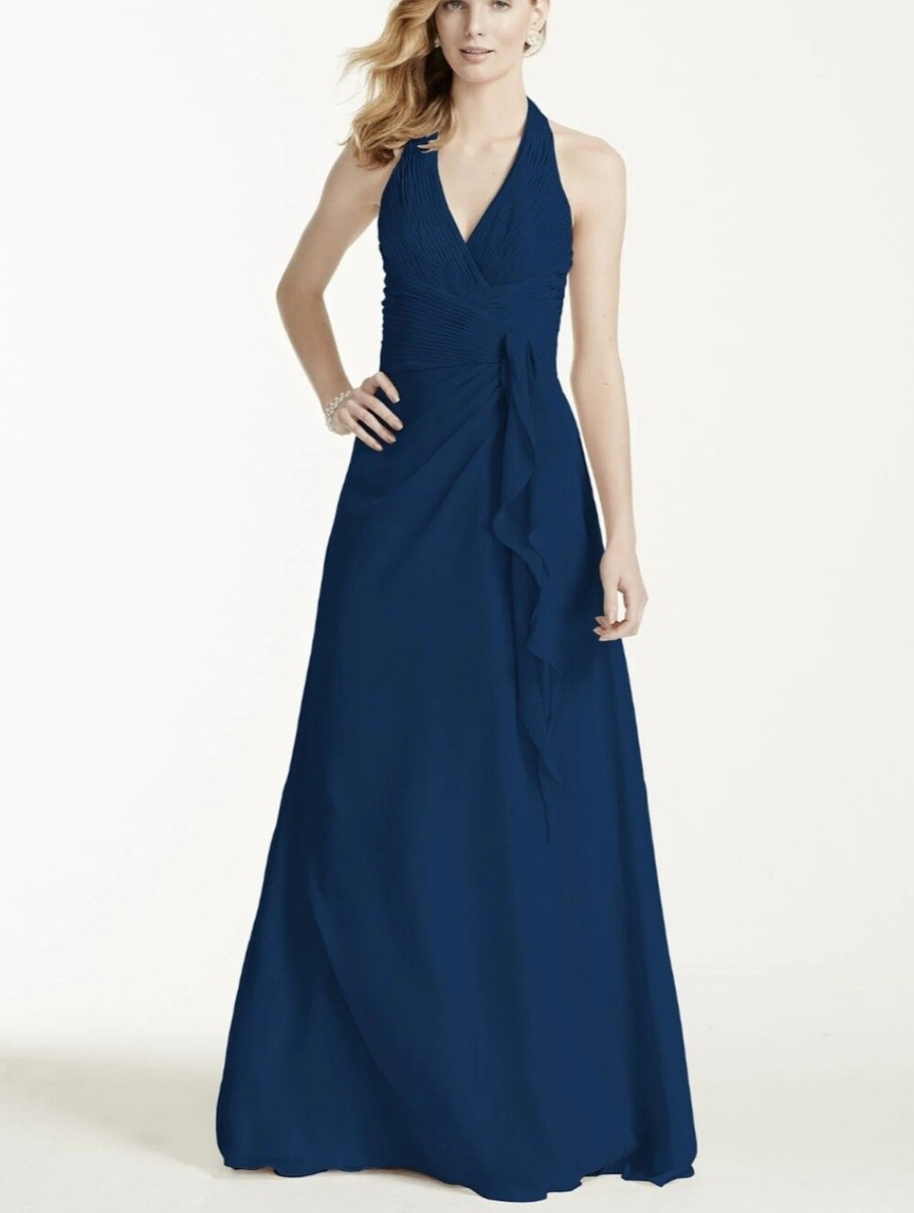 David's Bridal Soft Crinkle Chiffon Halter Draped Cascade Minimalist  Gown Sz 12